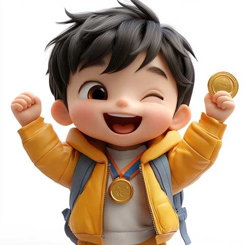 小男孩举金奖牌开怀笑