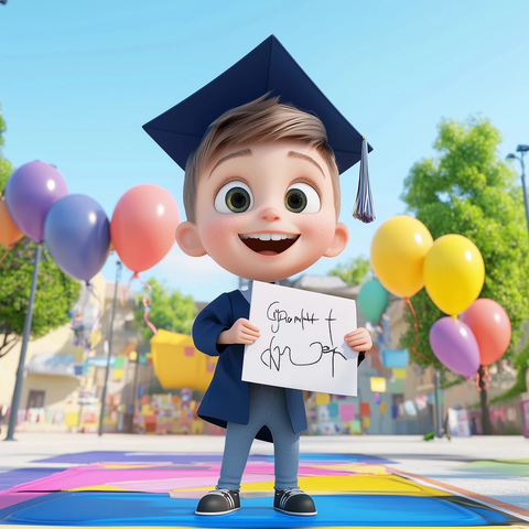 男孩毕业典礼手持蜡笔画文凭