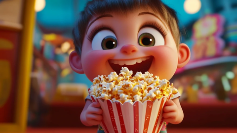 孩子笑容满面捧着爆米花