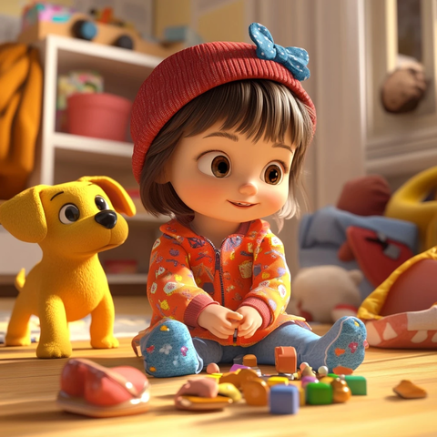 小女孩和狗狗在玩具房找东西