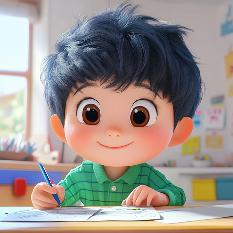 小男孩书桌写字微笑