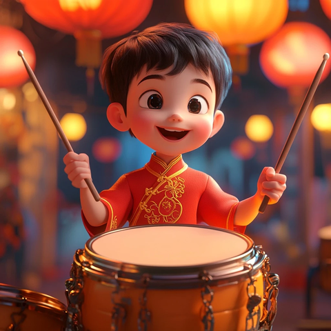 男孩打中国鼓卡通风格