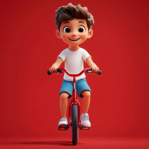 男孩骑自行车红背景