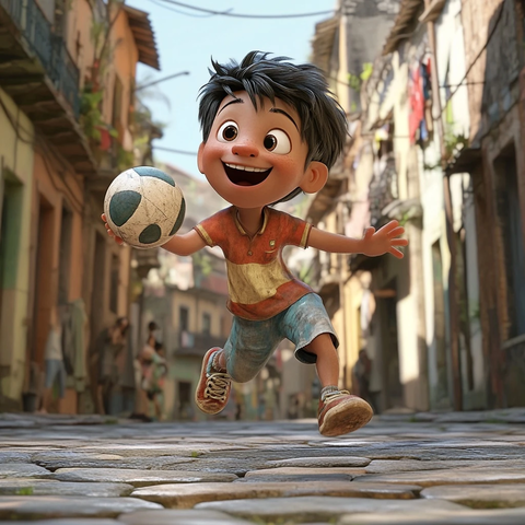 男孩街头踢球瞬间