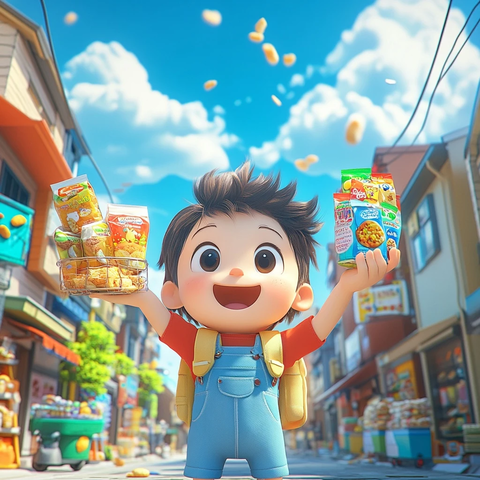 小男孩手持零食仰望蓝天