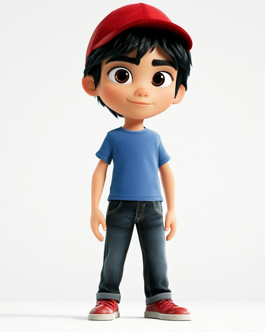 男孩红帽蓝衣黑裤红鞋