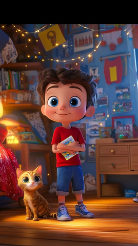 男孩抱猫卧室温馨纪念品