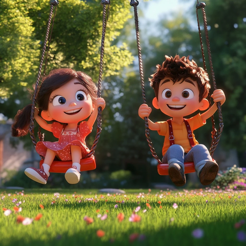 兄妹荡秋千玩耍场景