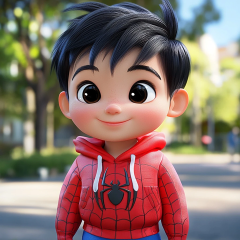 黑发男孩穿蜘蛛侠帽衫公园微笑