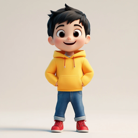 男孩黄衣蓝裤红色鞋