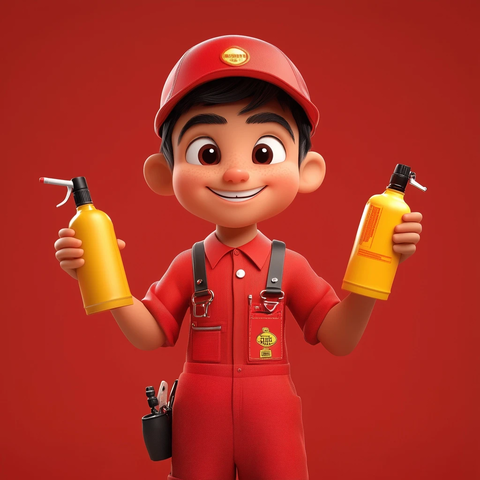 男孩穿红色机械服手持油瓶