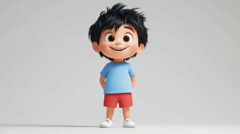 男孩黑发蓝衣红裤