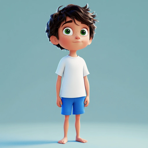 小孩棕发绿眼白恤蓝短裤