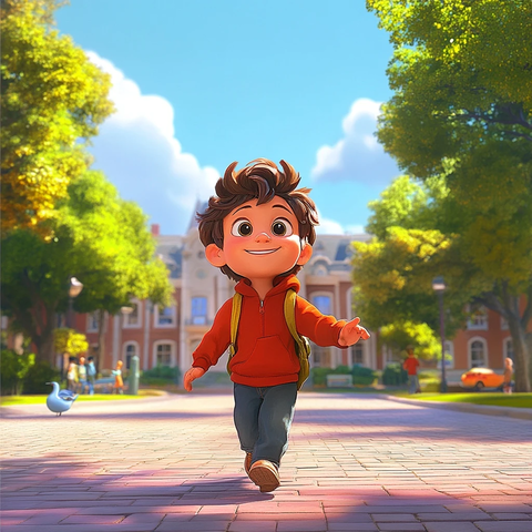 男孩步行砖路学校背景