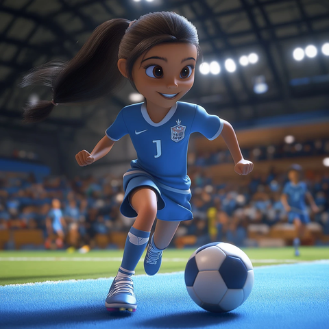 女孩穿蓝色球衣踢足球