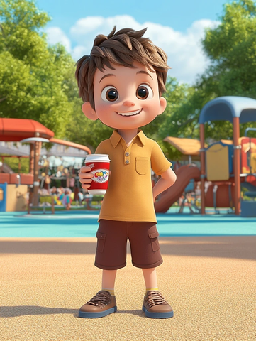 男孩手持汽水站立操场