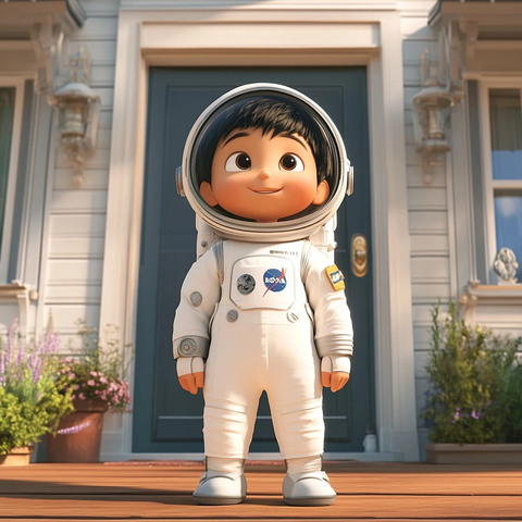 男孩站屋外穿宇航服