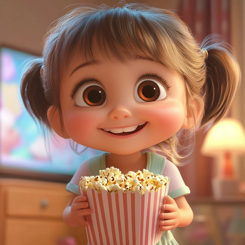 小女孩吃爆米花看电视