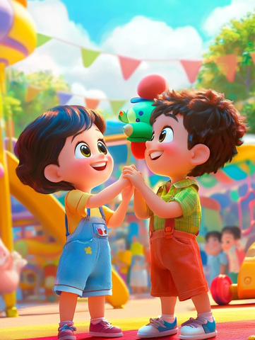 勇敢孩子与朋友携手微笑