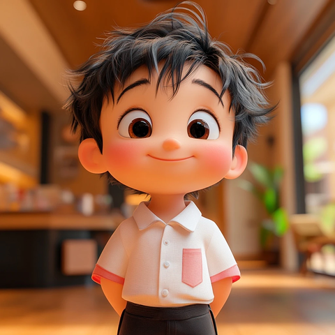 男孩微笑站立银行大厅