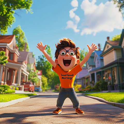 男孩阳光街道欢乐早晨