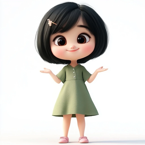 亚洲女孩绿色裙子站立微笑