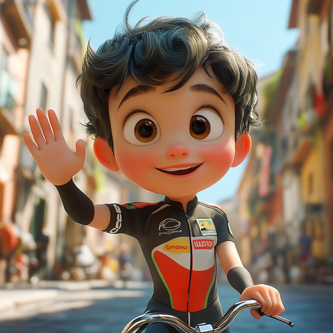 小男孩骑车挥手打招呼