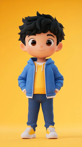 黑色头发蓝色衣服卡通男孩