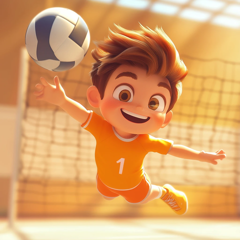 卡通男孩跳起扣杀排球