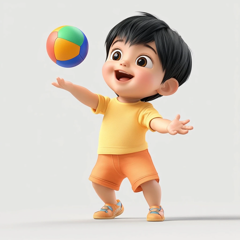 男孩玩彩球欢笑跳跃