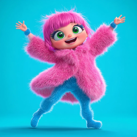 卡通角色穿粉色毛大衣跳舞