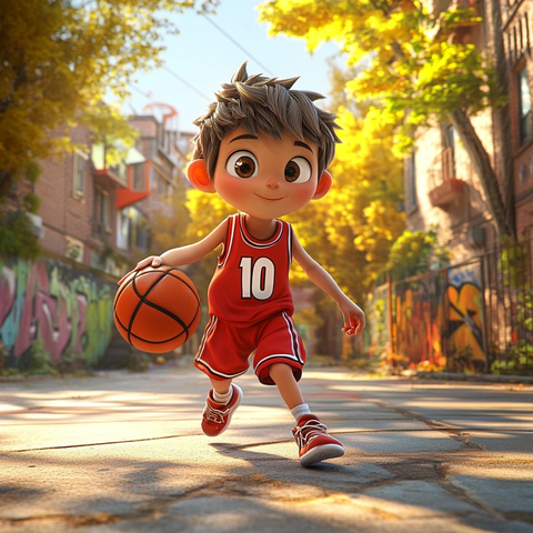 男孩篮球场上运球投篮