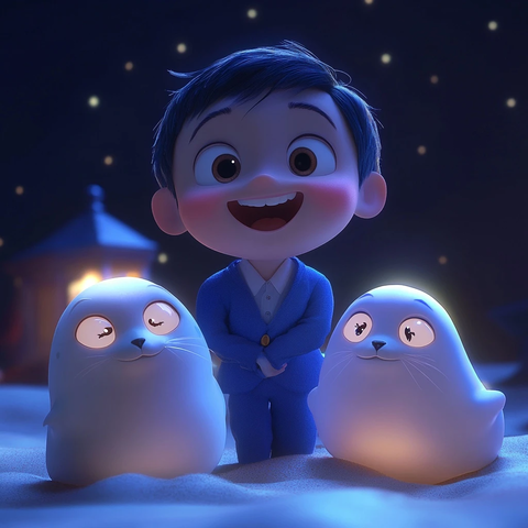 月光下的小男孩与白海豹