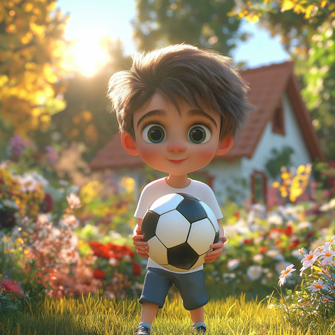 男孩踢足球花园中