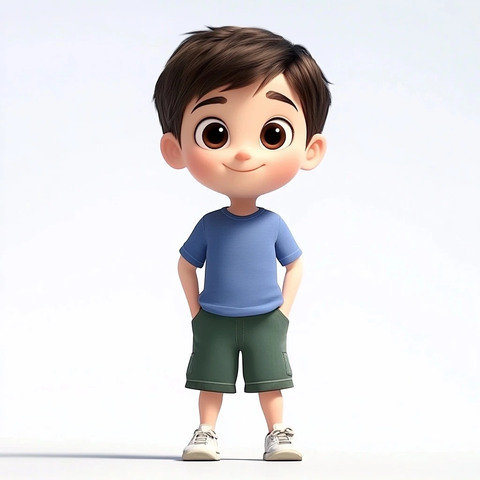 小男孩蓝色恤绿色短裤站立