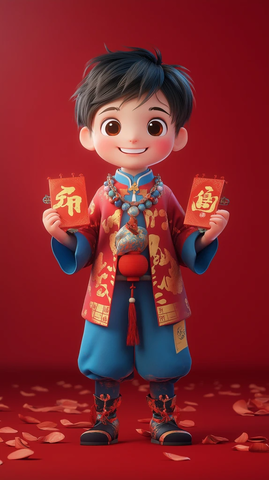 摄影师男孩穿新年服装手持对联
