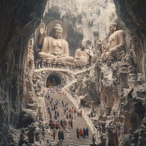 石窟佛像群前阶梯上有众多游客