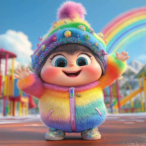 卡通角色挥手彩虹背景