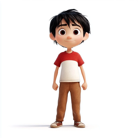 黑发男孩红色恤棕色裤