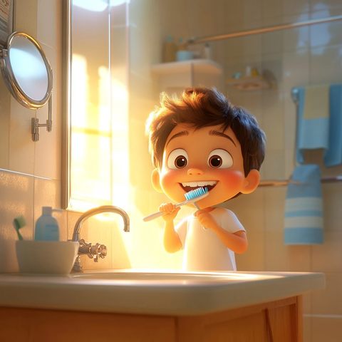 孩子在浴室刷牙准备睡觉