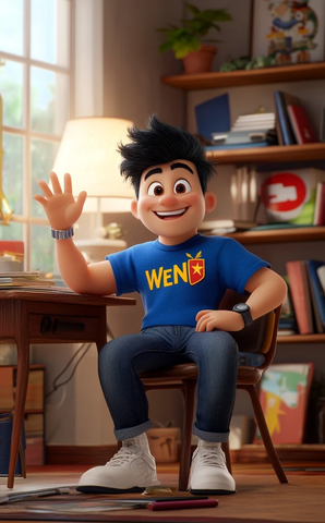 英语教师微笑挥手书桌前