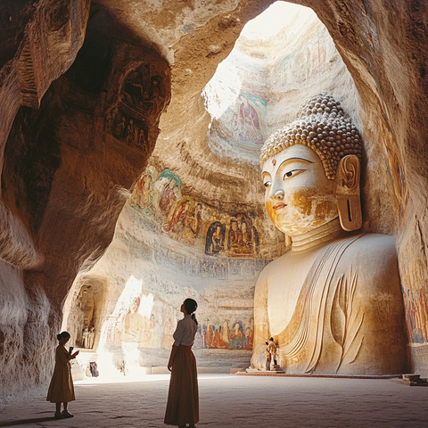 窟内大佛与游客神秘壮观的石窟景象