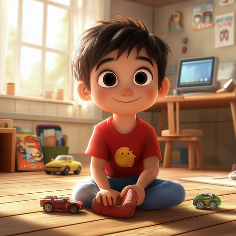 男孩房间玩具车与书籍