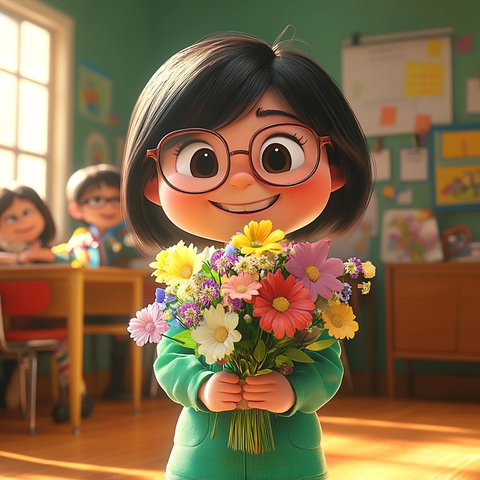 教师手持鲜花阳光洒满教室