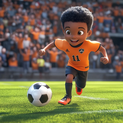 黑人男孩穿橙色球衣踢球