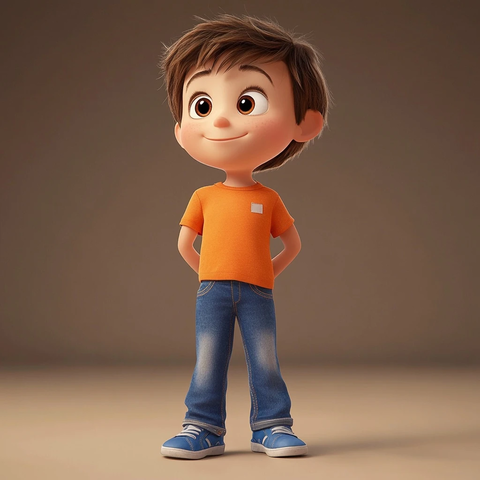 男孩橙色衬衫蓝色牛仔裤