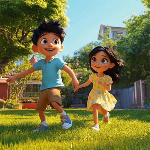 兄妹草地阳光下玩耍