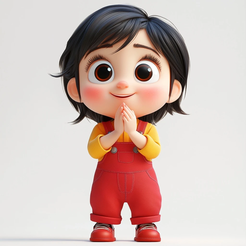 小女孩红色背带裤黄色上衣