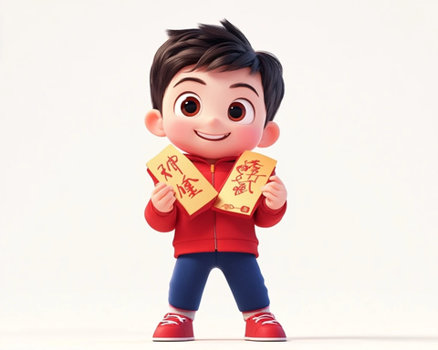 男孩手持春联喜庆微笑