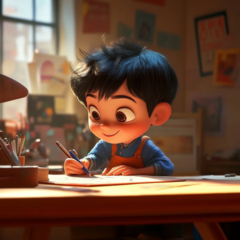 孩子在书桌上写字